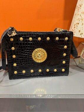 Black Croc-Embossed Shoulder Bag with Gold Medallion Accents